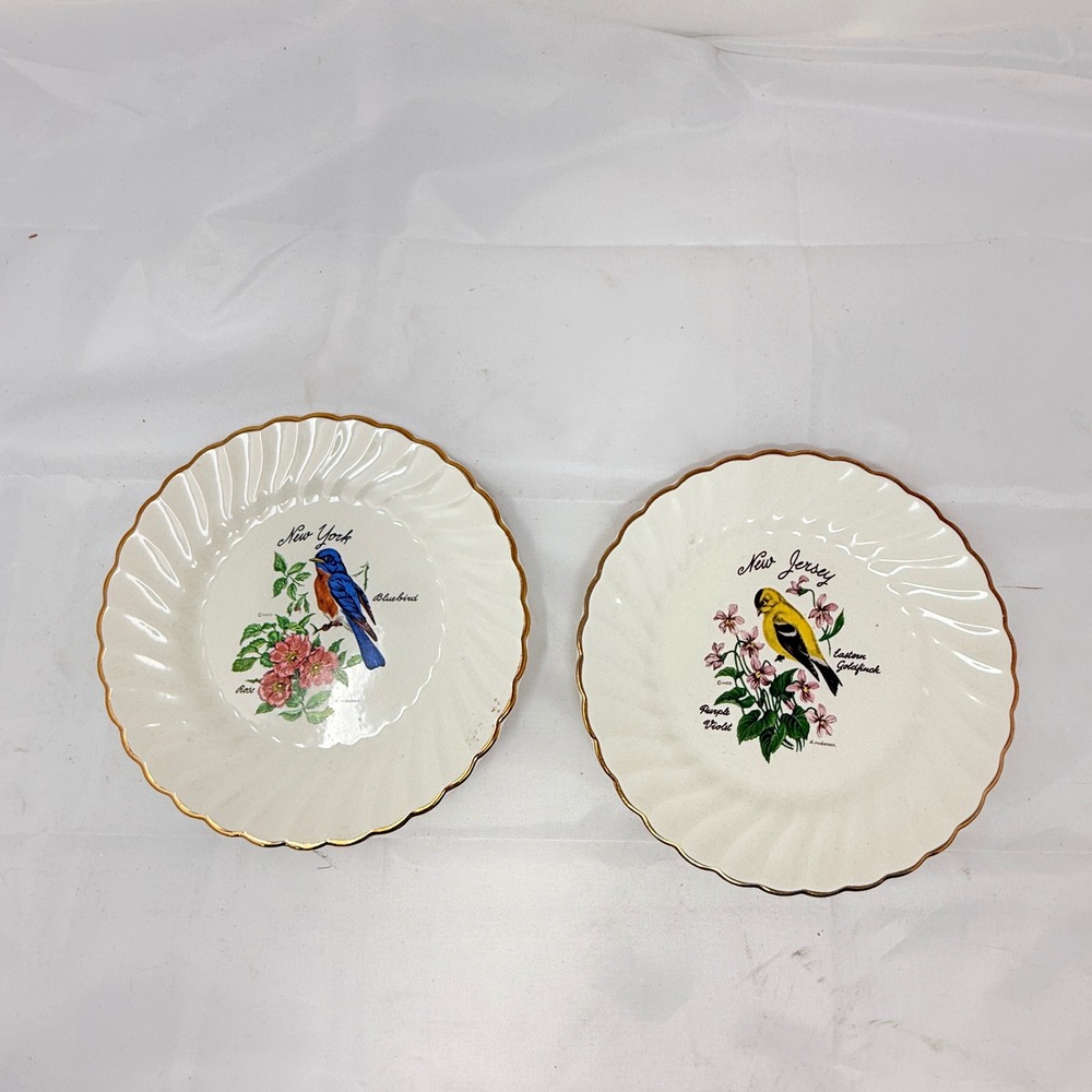 Vtg AACO New York New Jersey State Bird Flower Souvenir Plates Set of 2 6.25"
